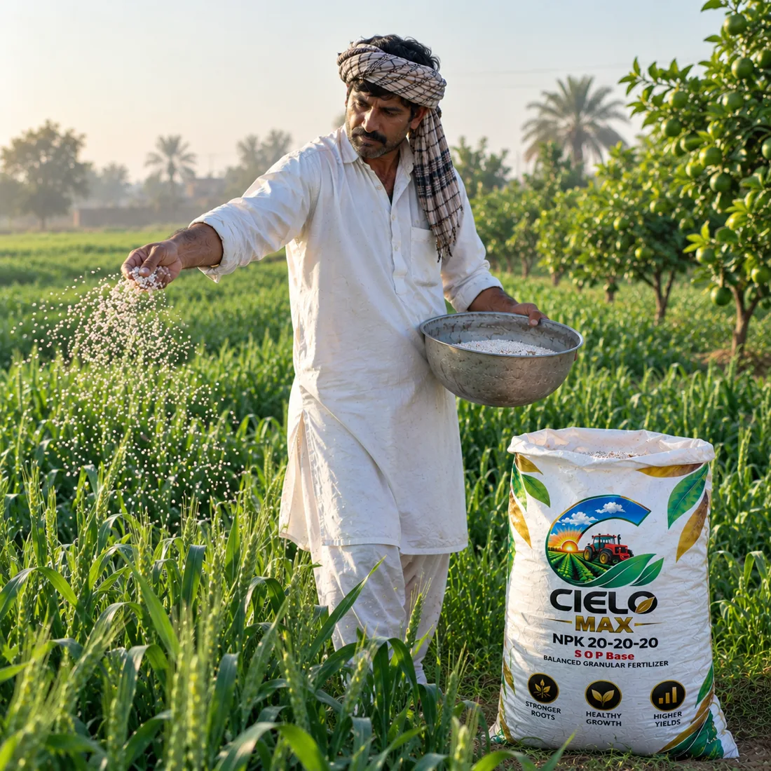 Farmer broadcasting Cielo MAX fertilizer by hand beside a Cielo MAX bag