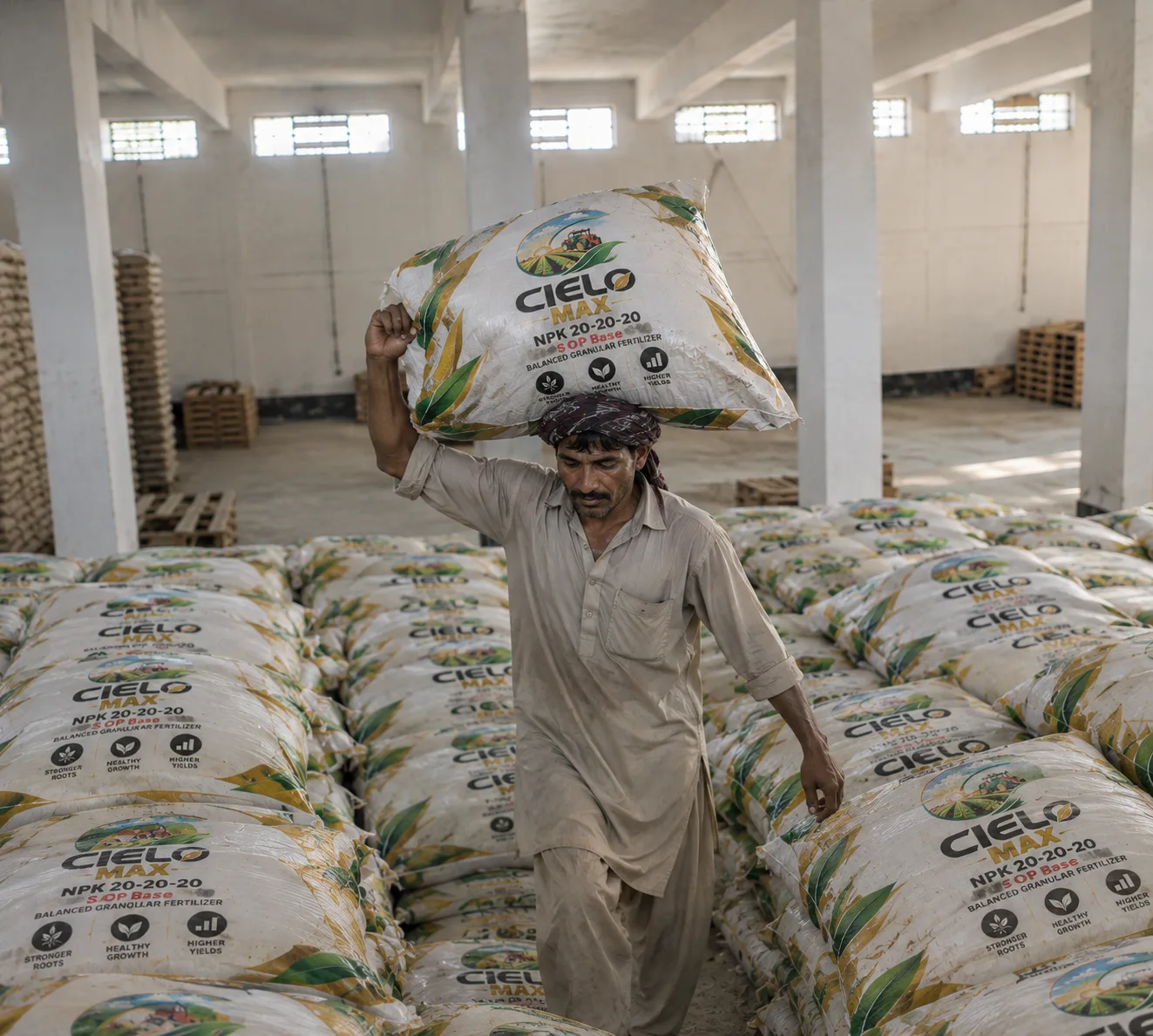 Cielo bags stacked in a dry, covered warehouse